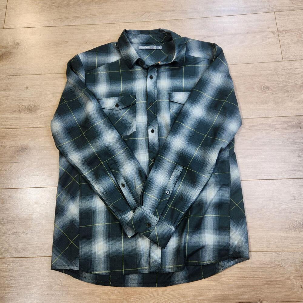 Icebreaker Lodge Flannel Shirt Mens Large Green Plaid Wool Long Sleeve Outdoor